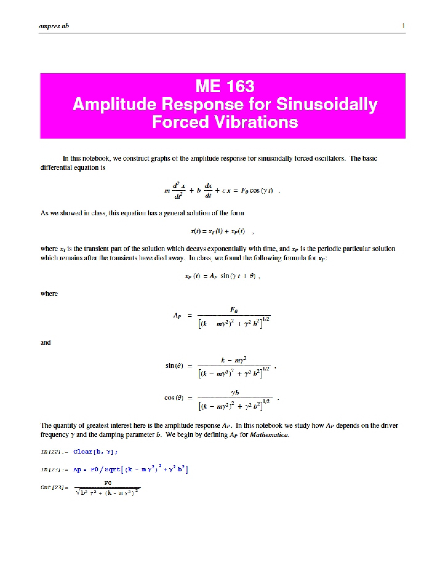 Sinusoidally Forced Vibrations Amplitude Response