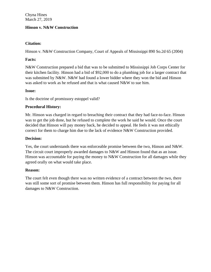 Case Study - Hinson v. N&W Construction