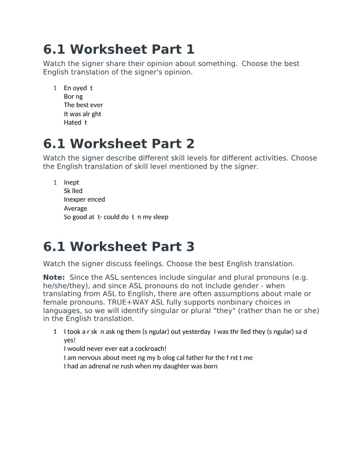 Translating Feelings, Skill Levels, and Opinions - ASL Worksheet
