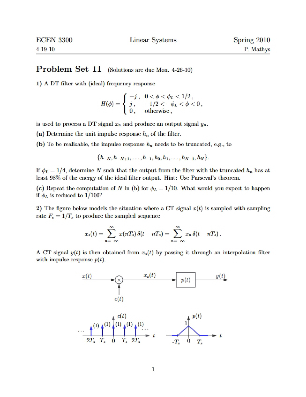 Eleventh Problem Set for Linear Systems