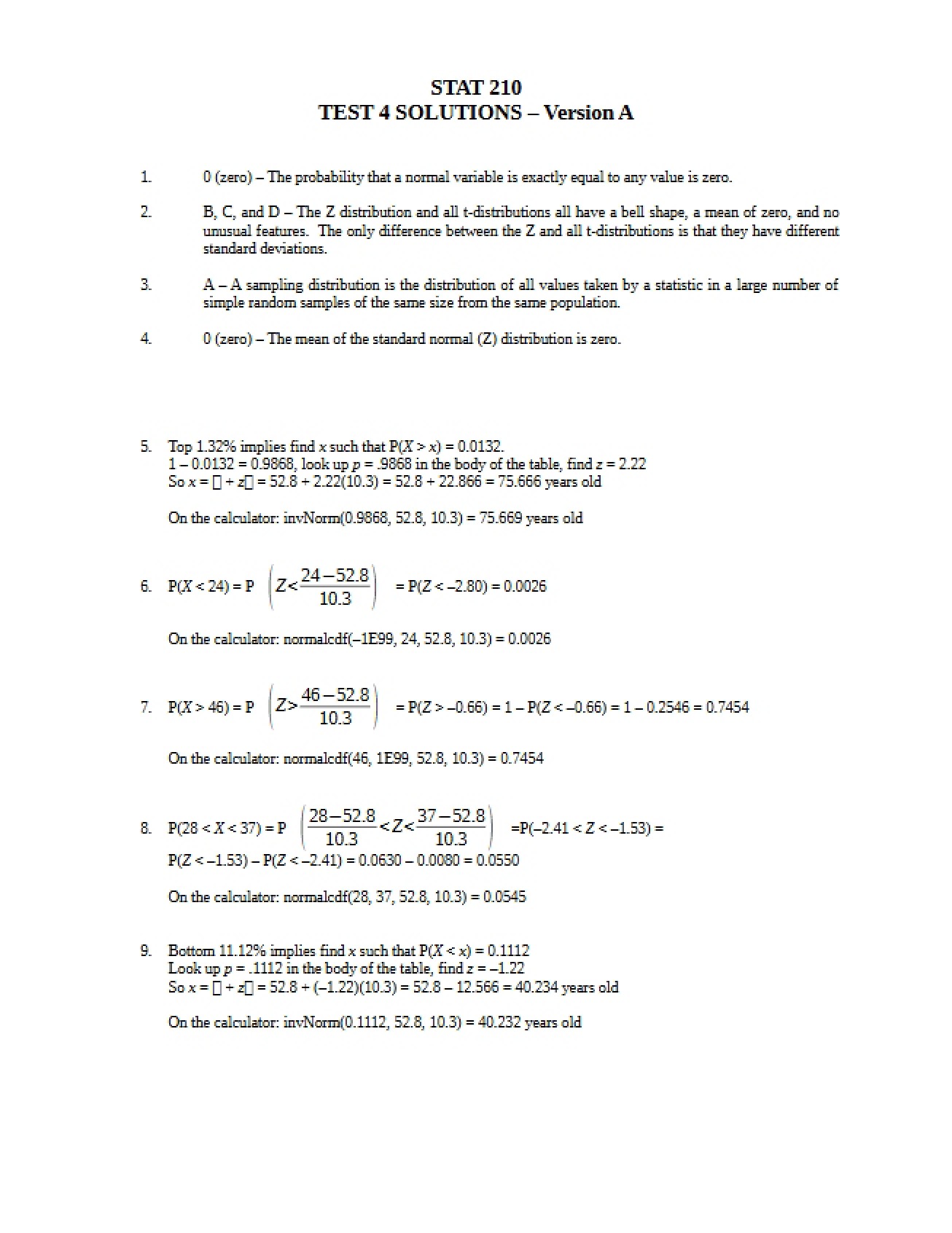 Solutions for Sections A-C(4) of Test 4
