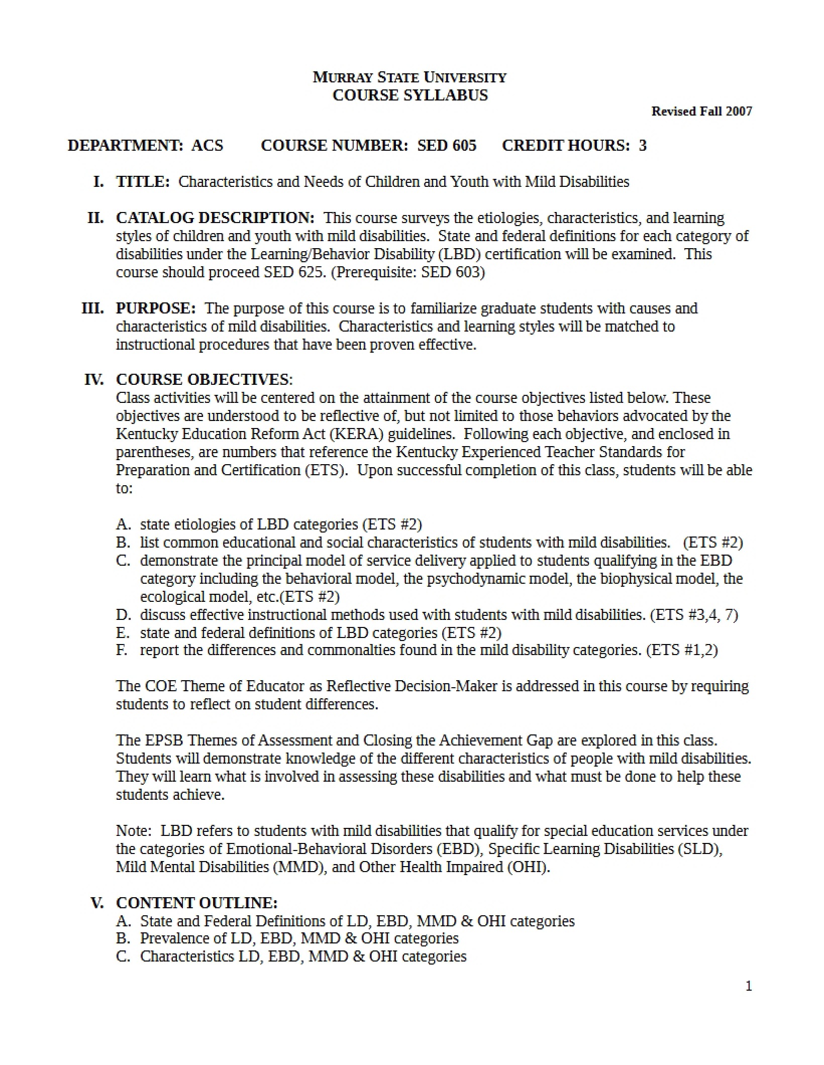 Syllabus - Characteristics and Needs of Child & Youth w- Mild Disabilities