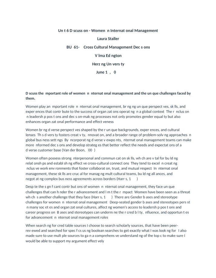 Women in International Management - Unit 6 Discussion