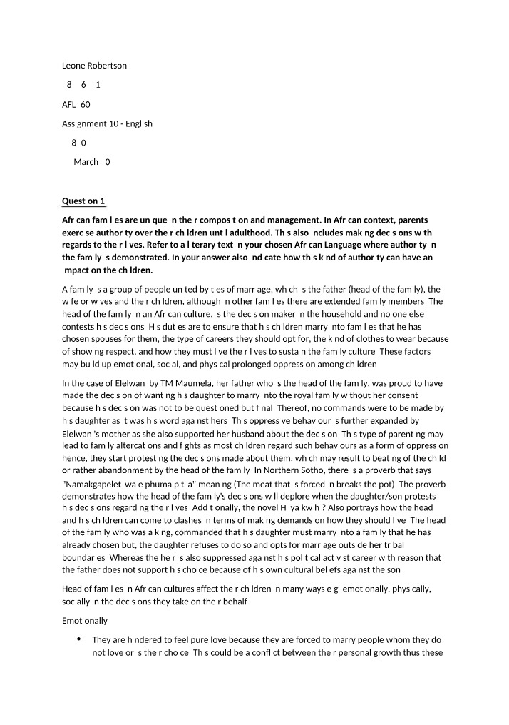 Parental Authority Impact on African Children - A Literary Study