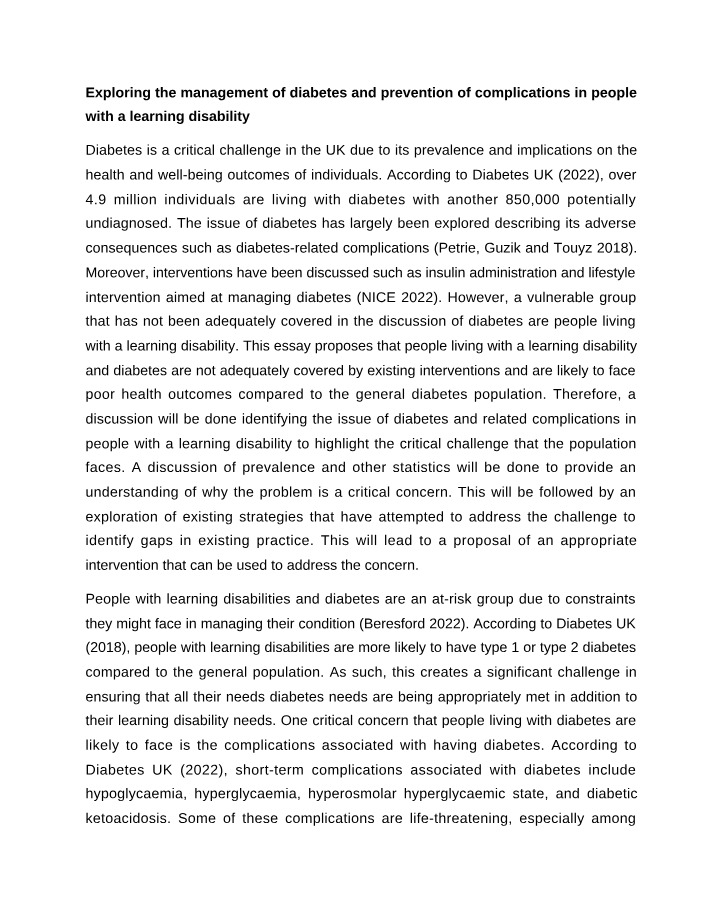 People with Learning Disabilities - Managing Diabetes and Preventing Complications