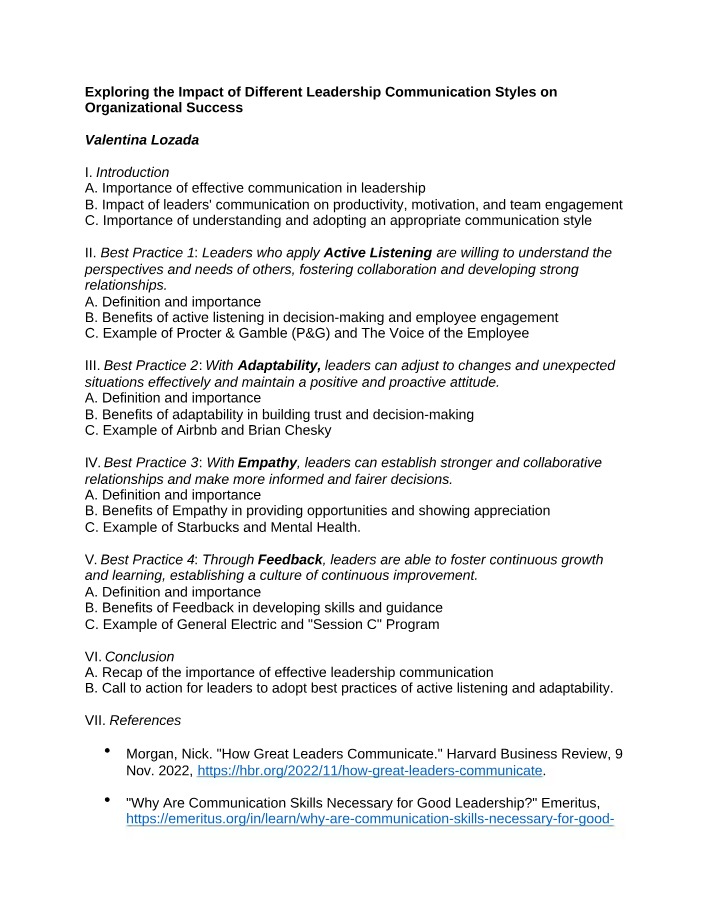 Outline - Impact of Leadership Communication Styles on Organizational Success