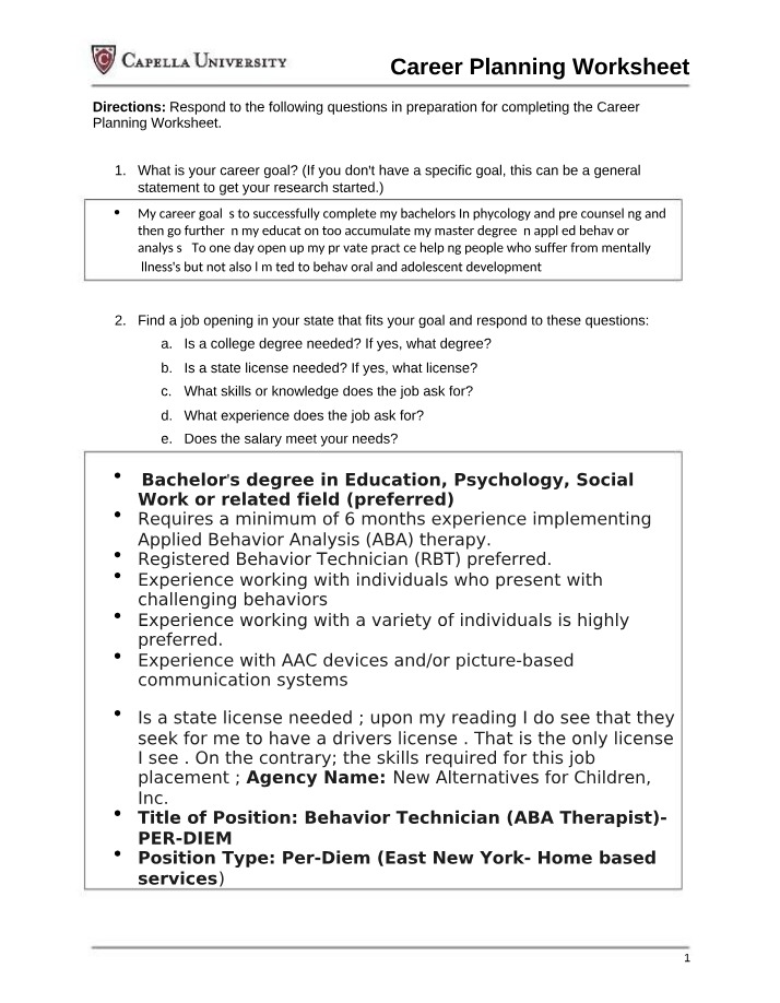 Worksheet for Career Planning
