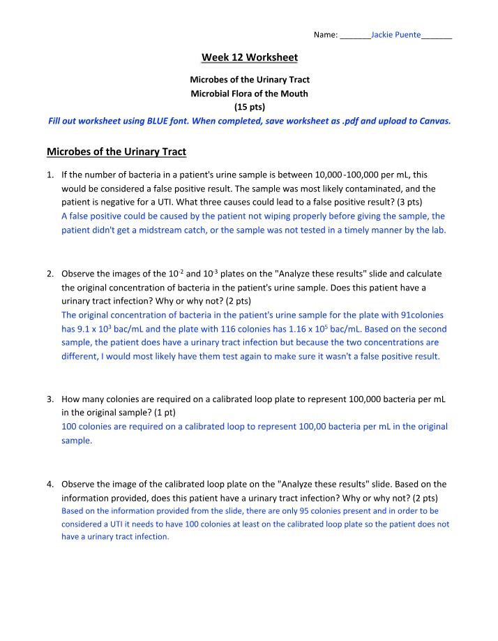 Week 12 Worksheet - Urinary Tract and Mouth Microbes