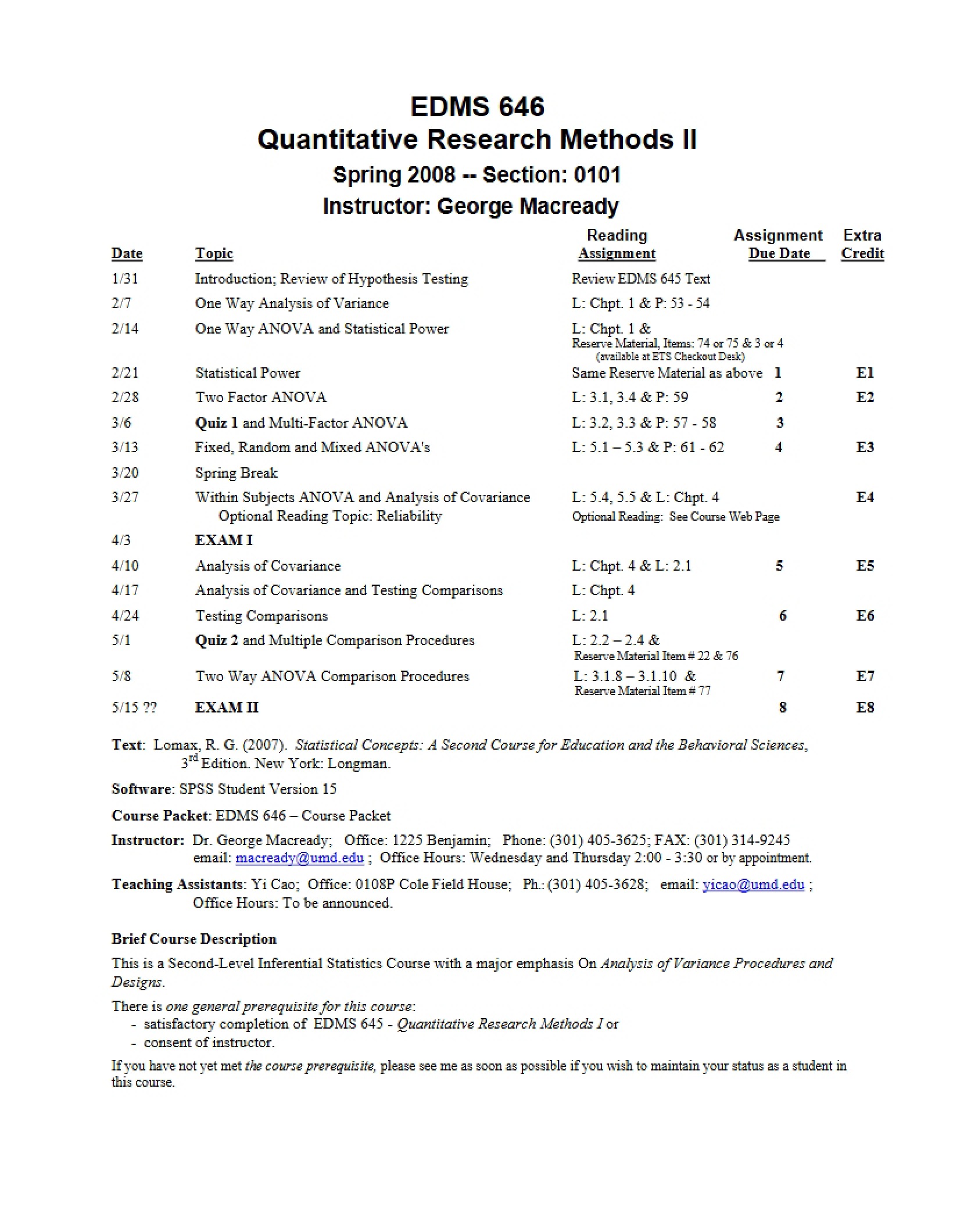 Quantitative Research Methods II Syllabus