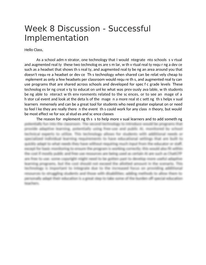 Week 8 Discussion on Successful Implementation