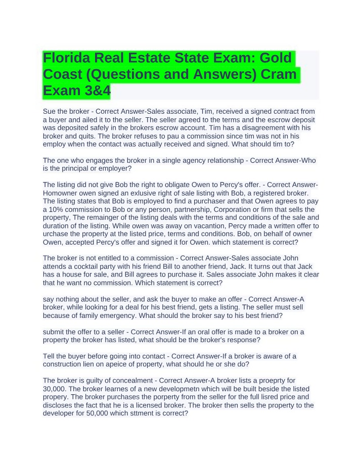 Florida Real Estate State Exam - Gold Coast Cram 3 & 4