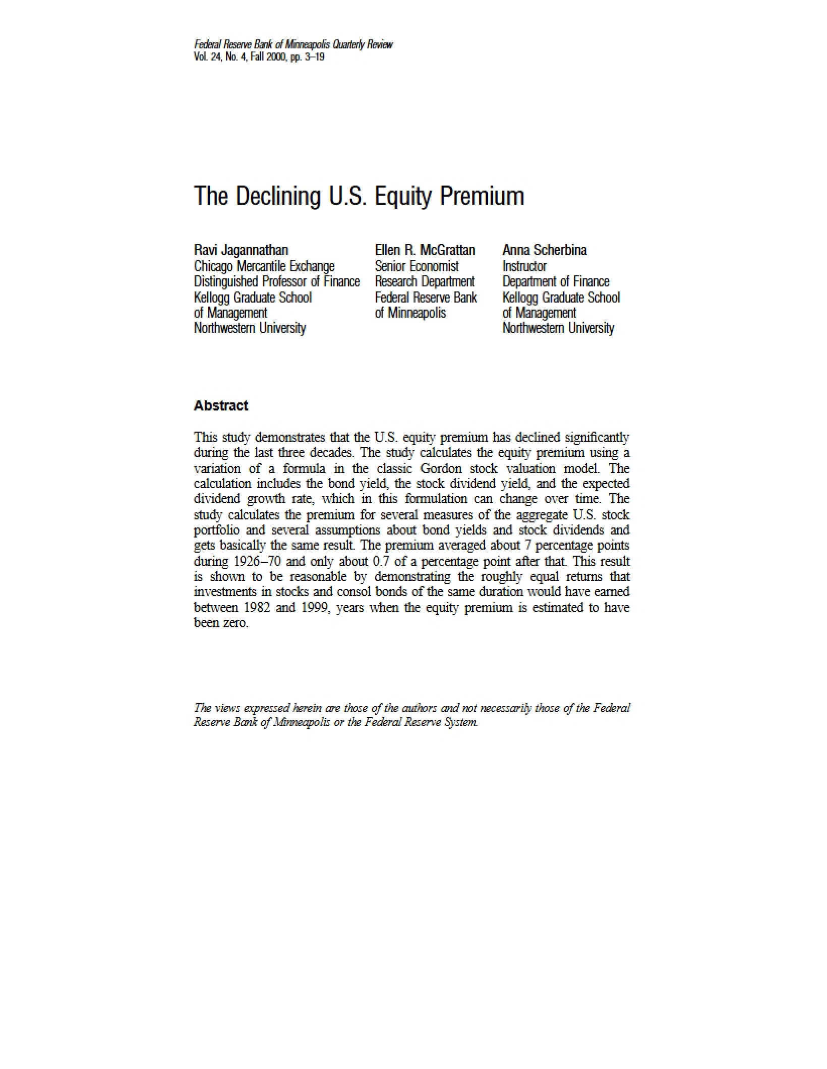 Decline of Equity Premium in US