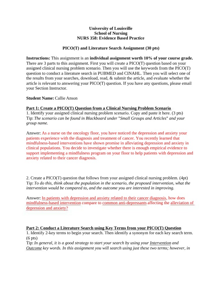 PICO(T) Question - Mindfulness-Based Intervention