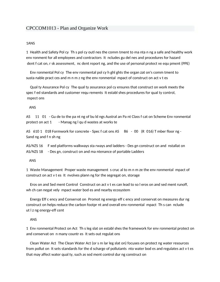 Work Health and Safety and Environmental Policy Plan
