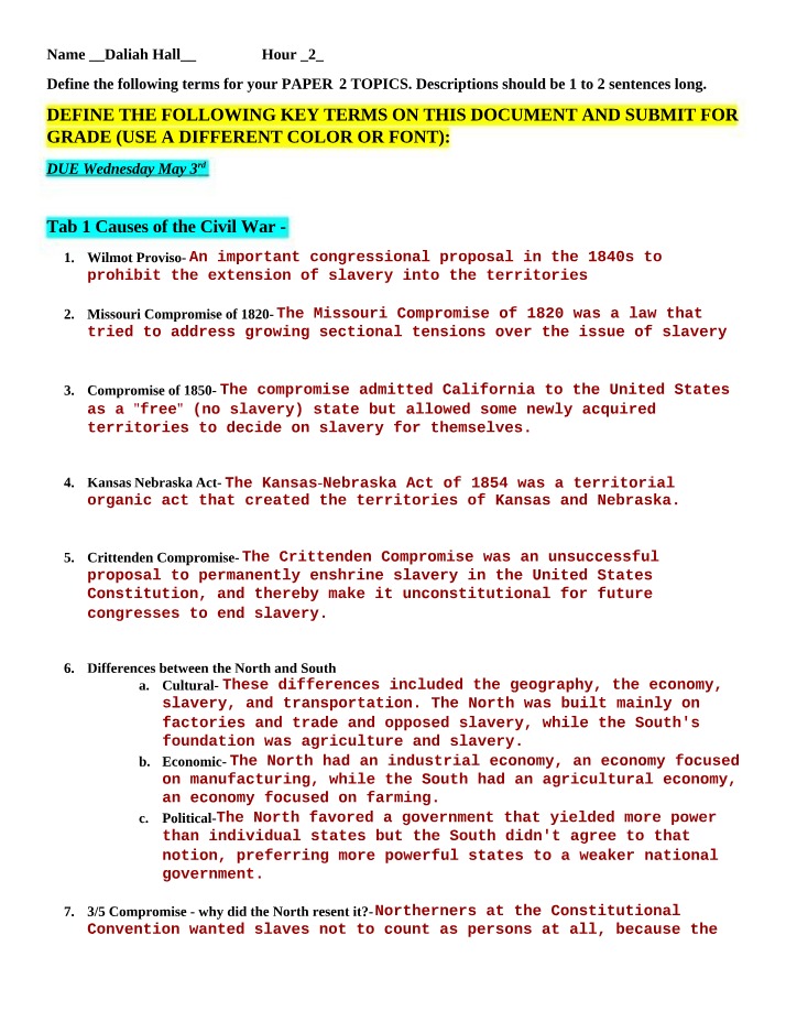 Civil War Causes - Key Terms and North-South Differences