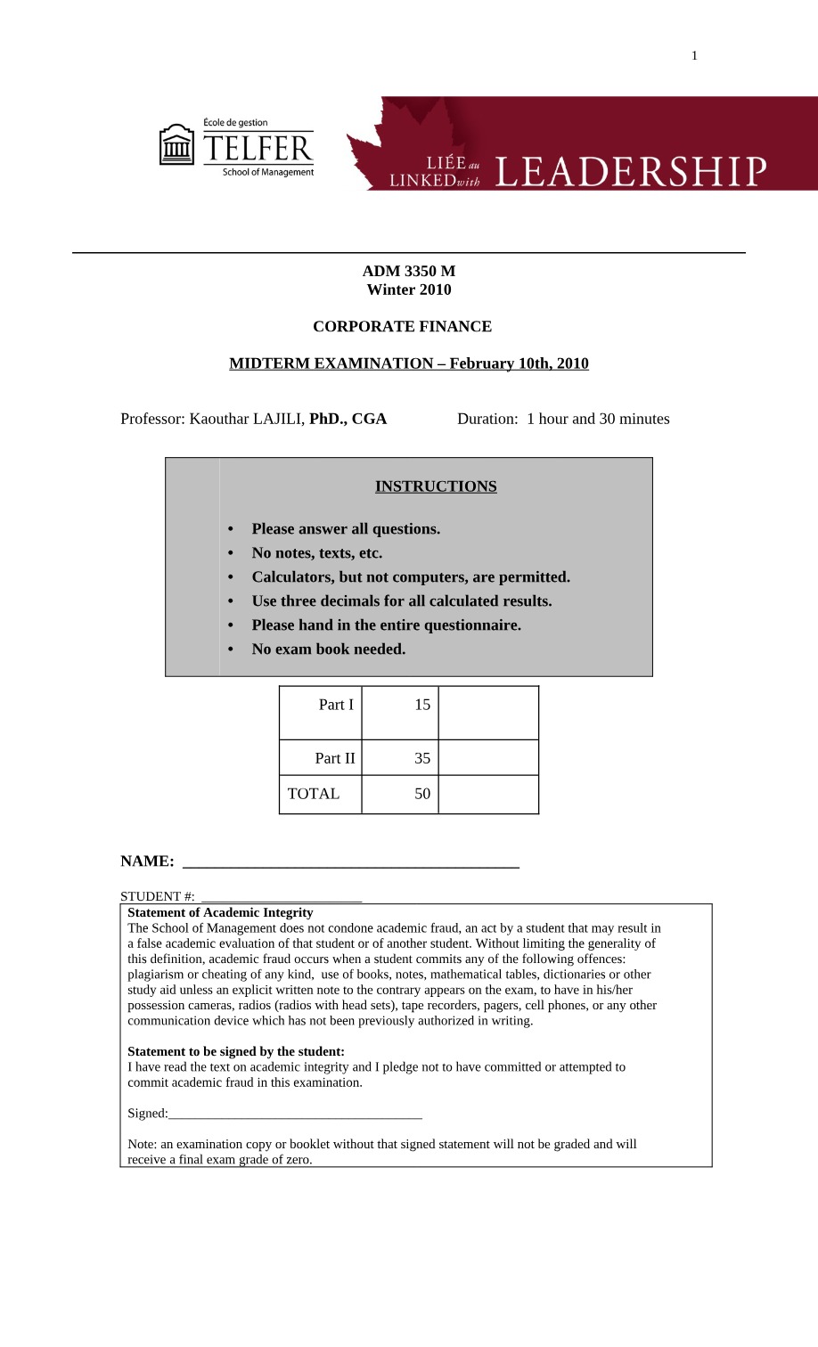 Midterm Examination - ADM 3350 Winter 2010