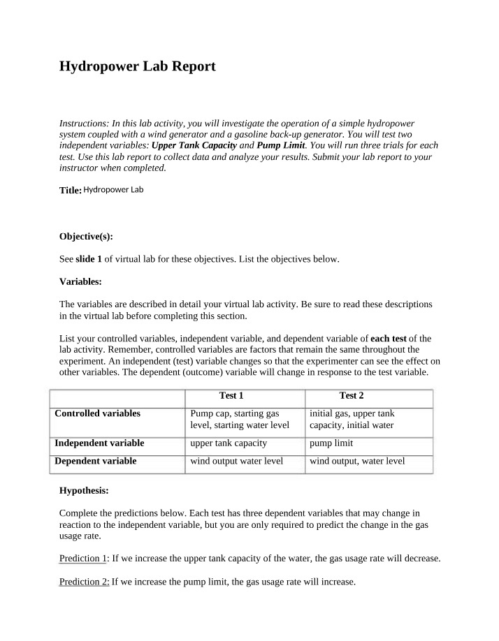 Lab Report on Hydropower