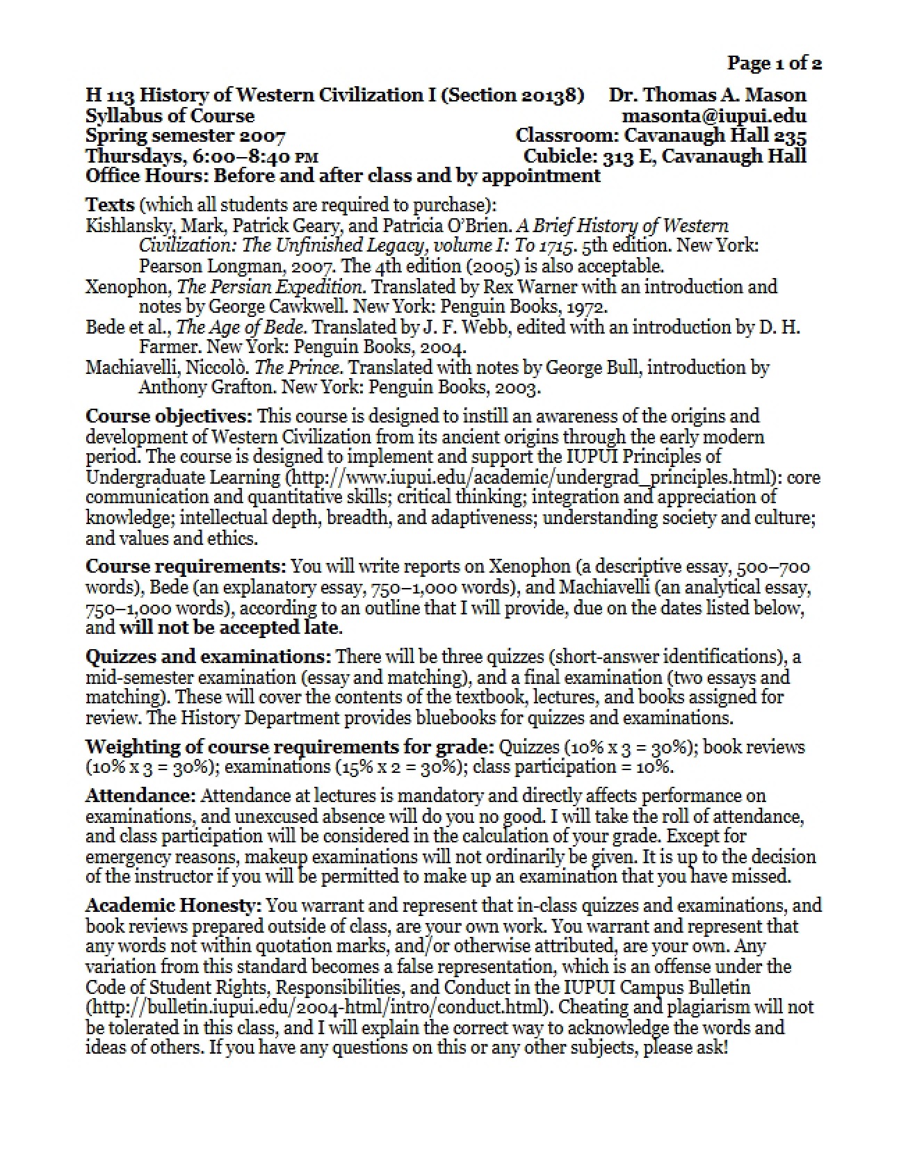 Western Civilization I Course Syllabus