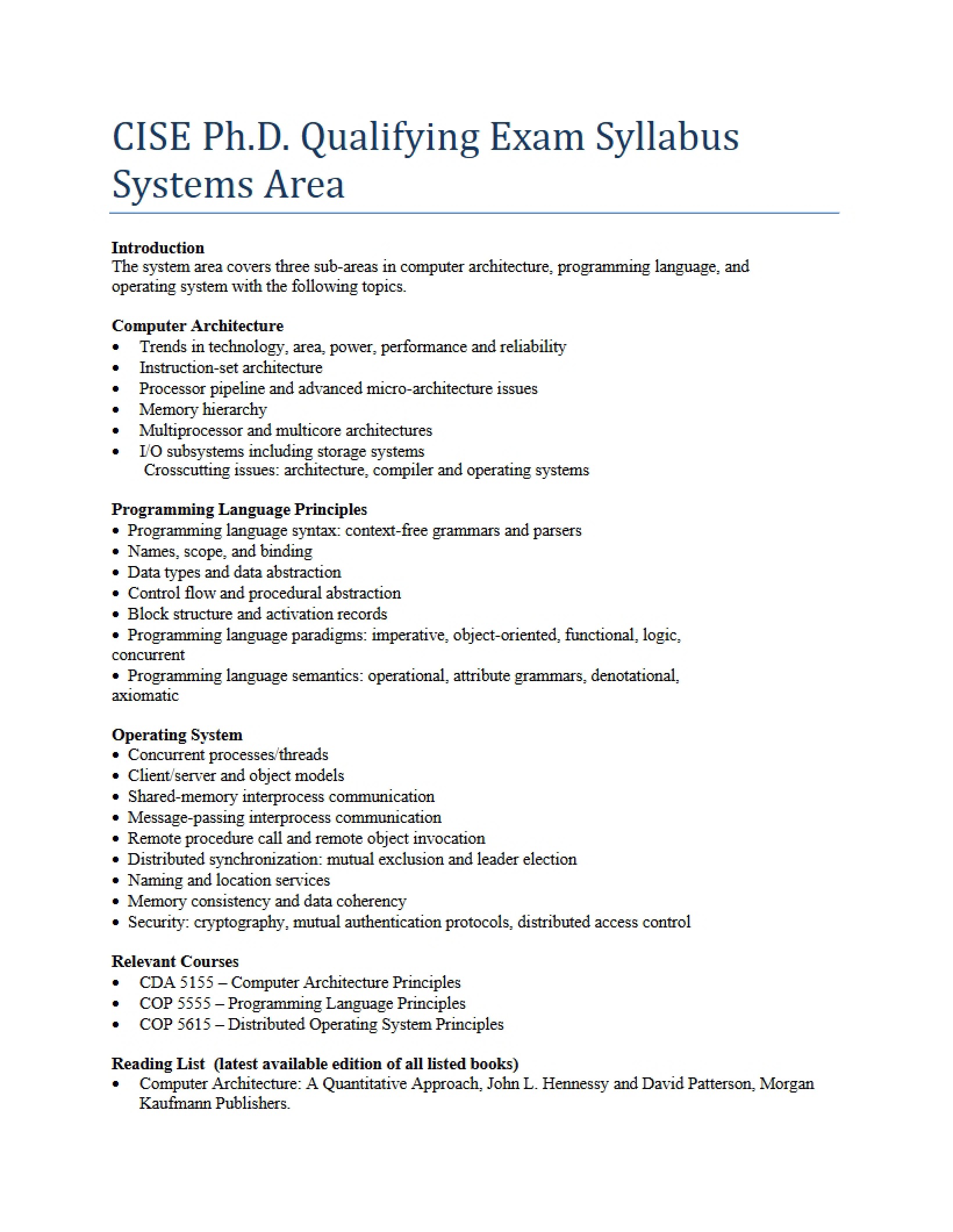 Computer Architecture Syllabus