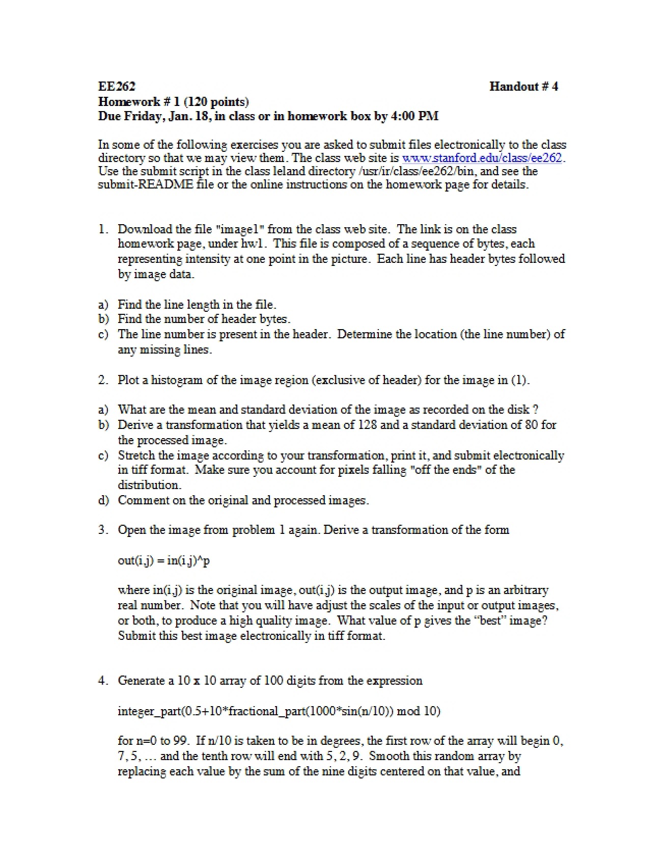 Homework Assignment for a Two-Dimensional Imaging Course