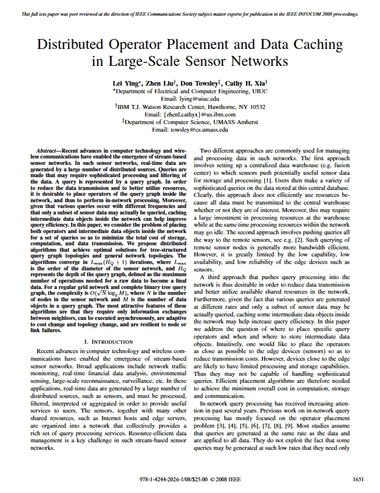 Large-Scale Sensor Networks Data Caching and Operator Placement