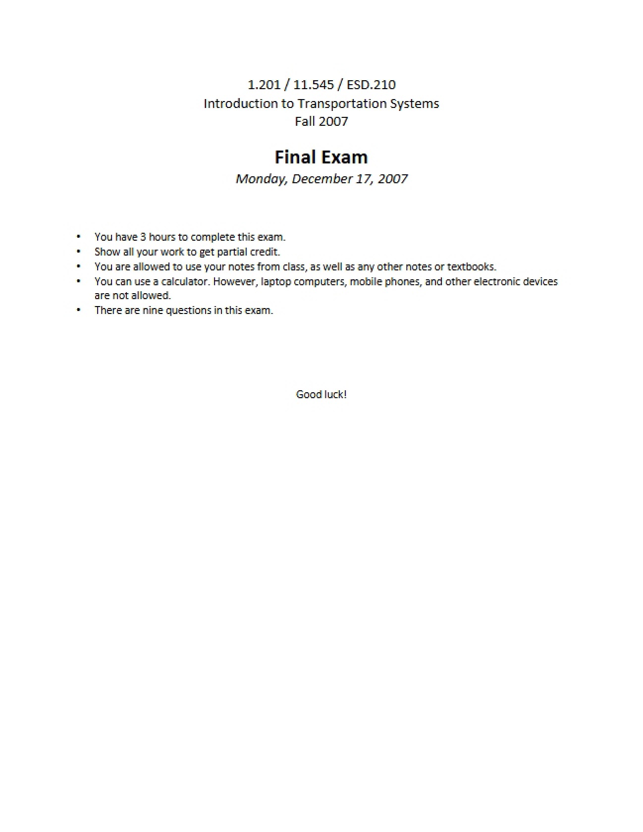Transportation Analysis Final Exam