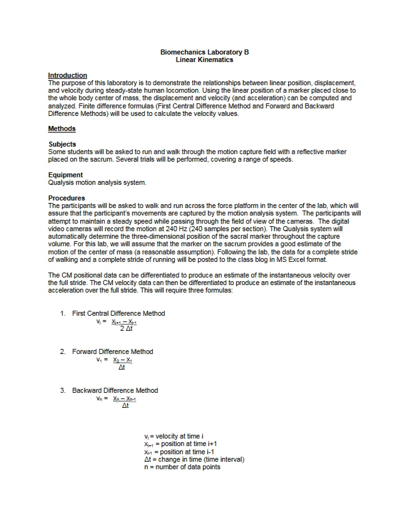 Biomechanics Lab B Materials