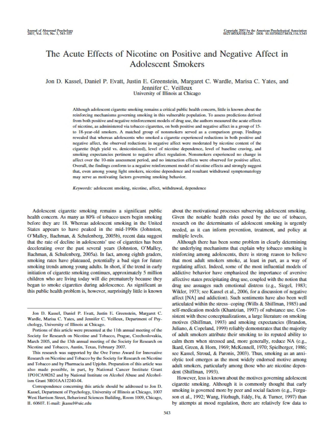 Adolescent Smokers Nicotine's Effect on Positive and Negative Affect