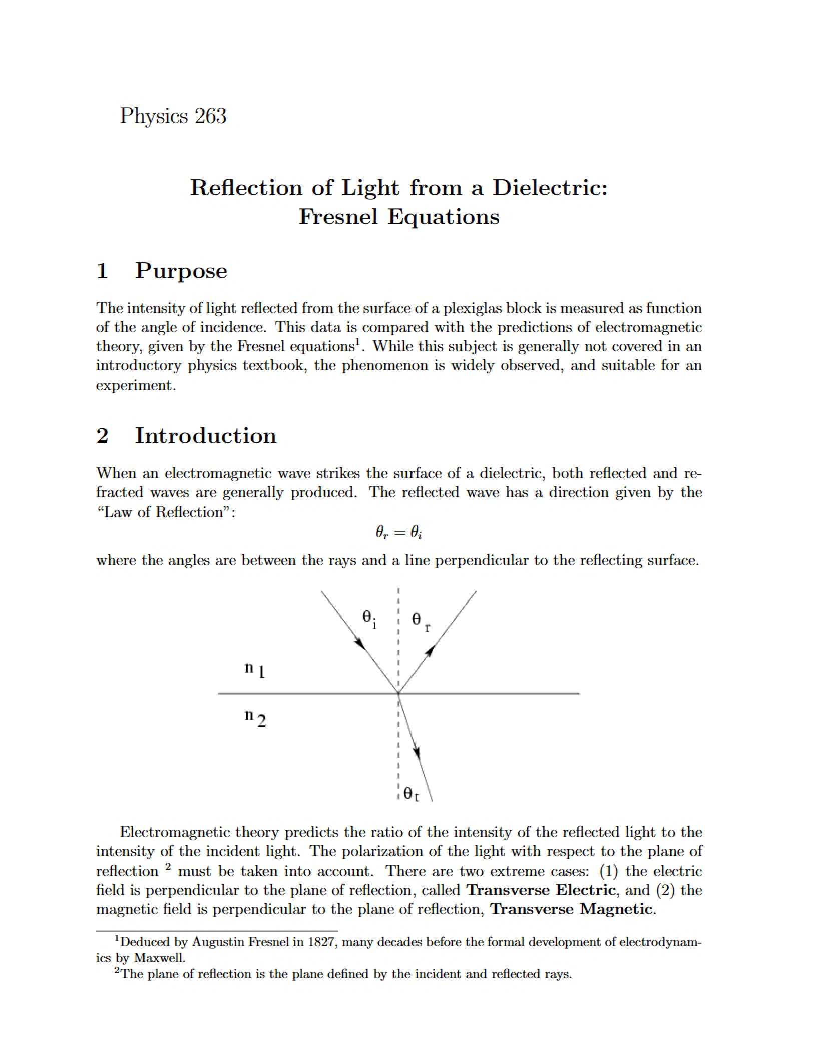Fresnel Equations Light Reflection from a Dielectric