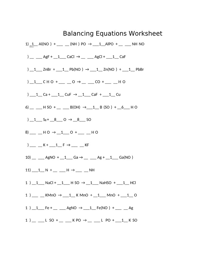 Worksheet for Balancing Equations