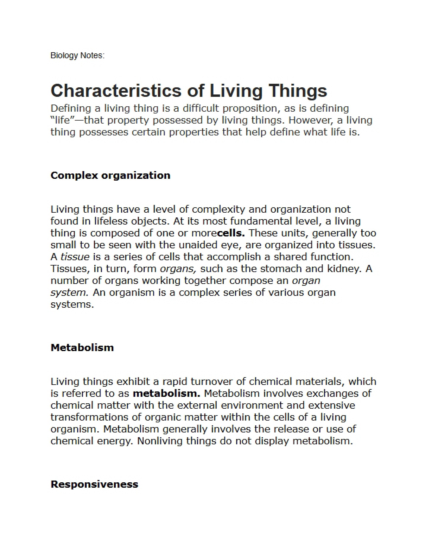 Living Things Characteristics