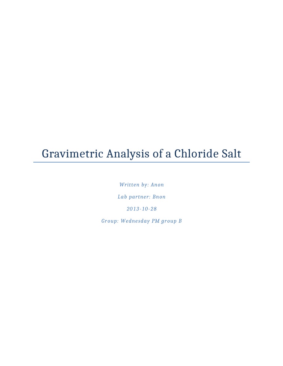 Chloride Salt Gravimetric Analysis Lab