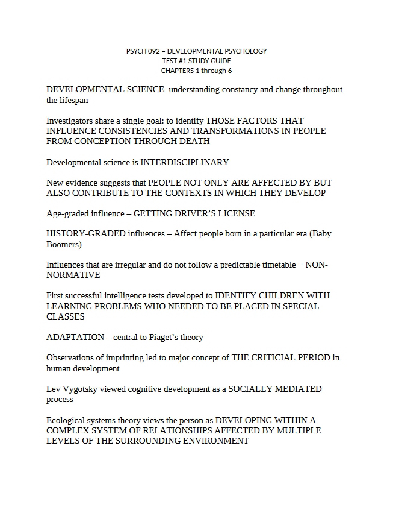 Study Guide for Test One