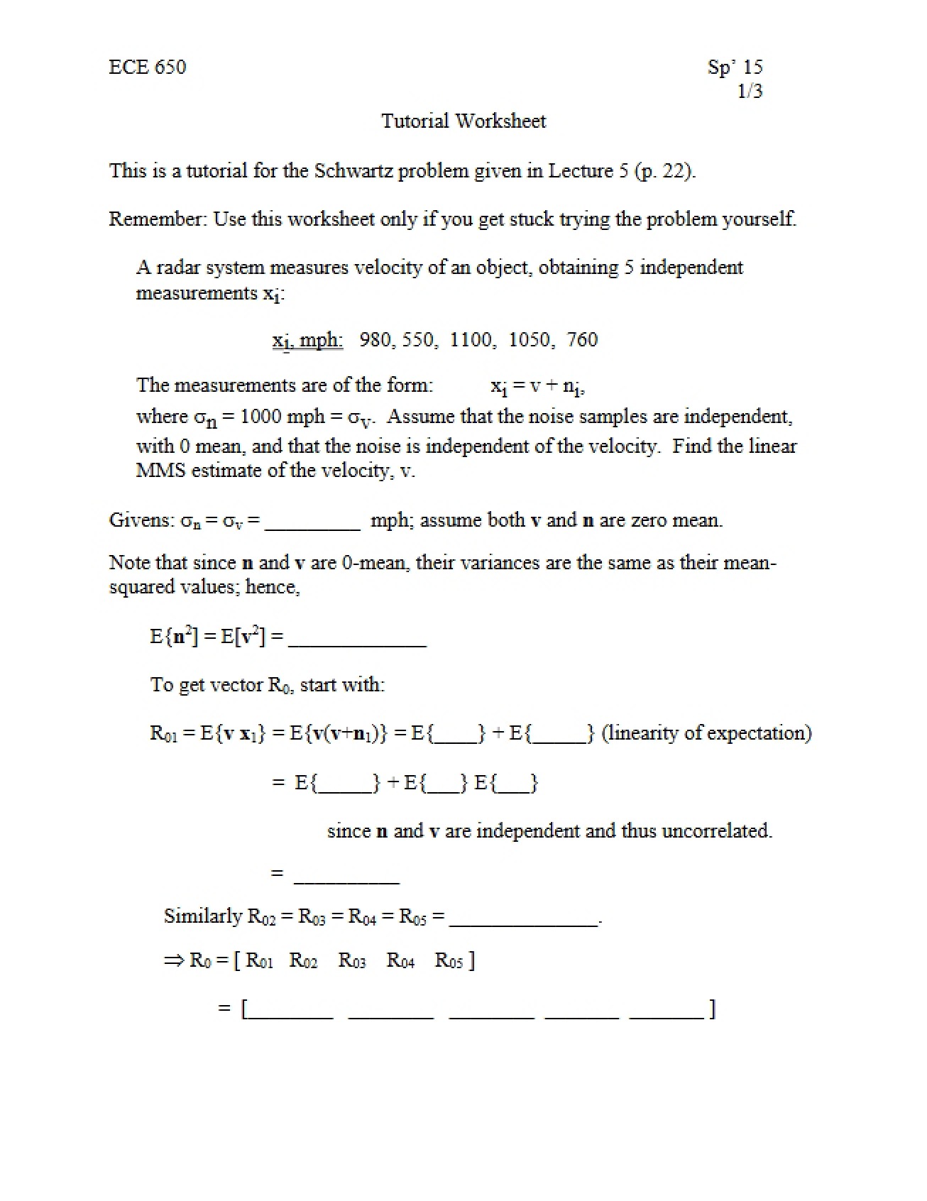 Tutorial Estimate Lecture Five Spring 2015