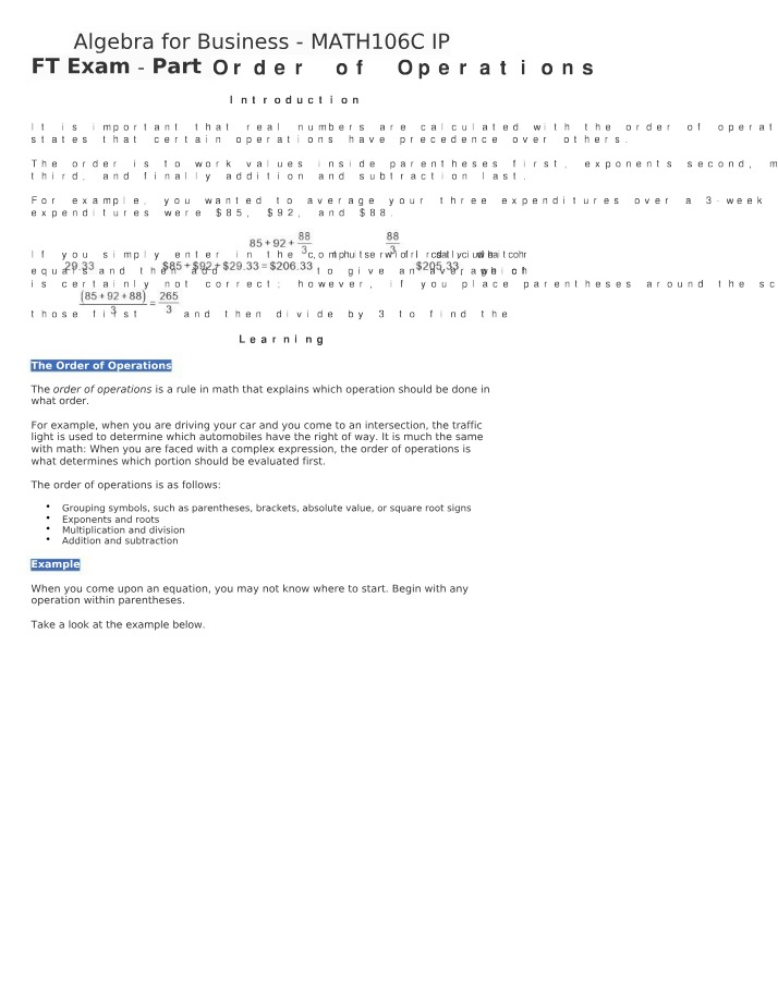 Order of Operations Exam