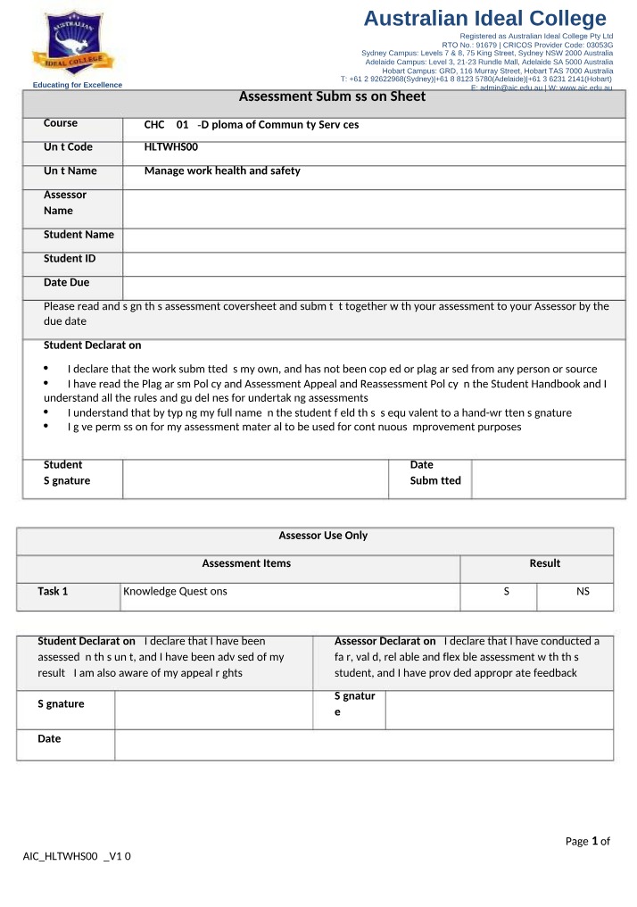 Assessment Submission Sheet for CHC52015 Diploma Part 2