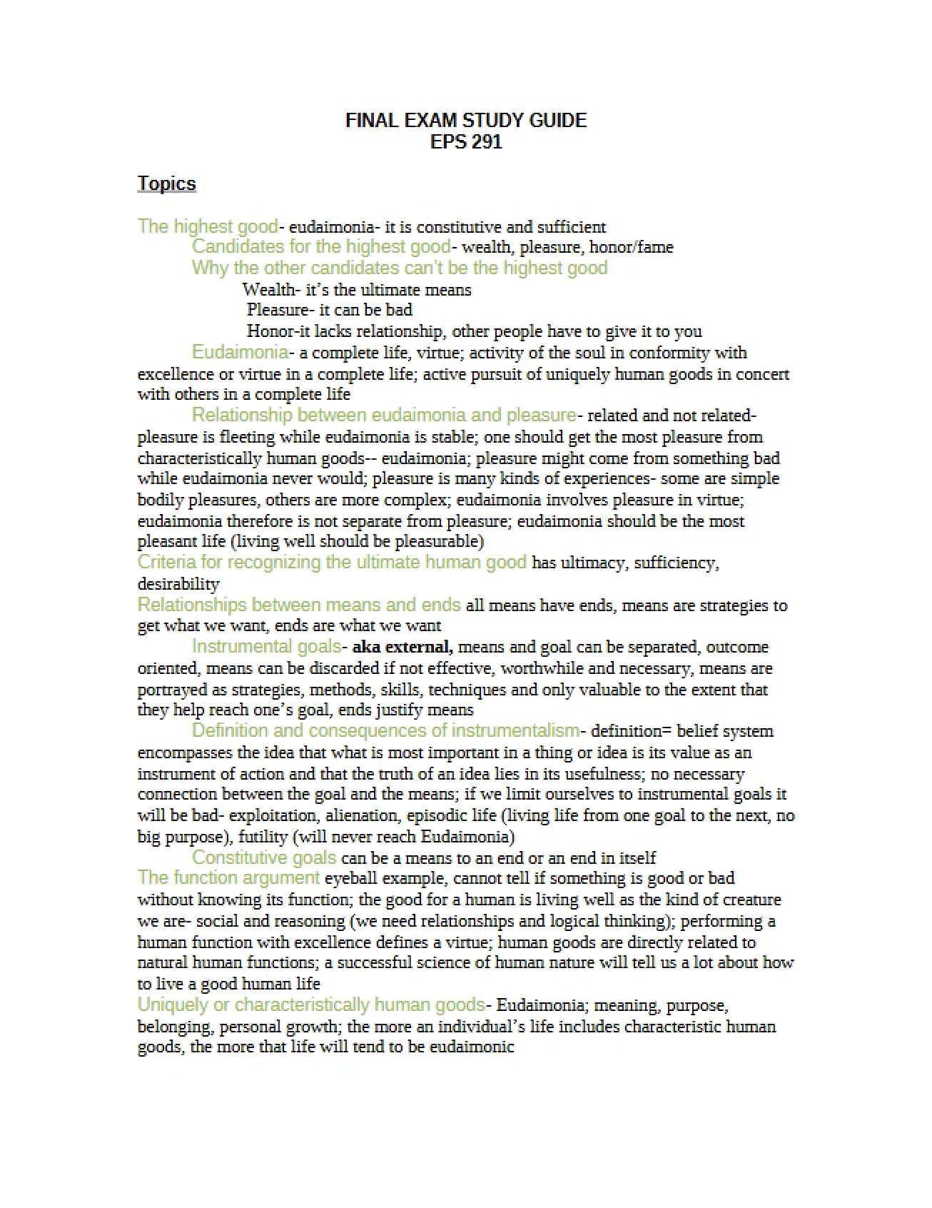 Guide for Final Exam Study