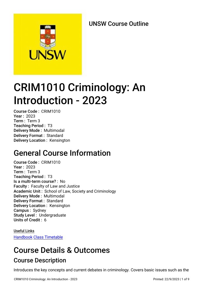Criminology An Introduction - CRIM1010 2023 Course Outline