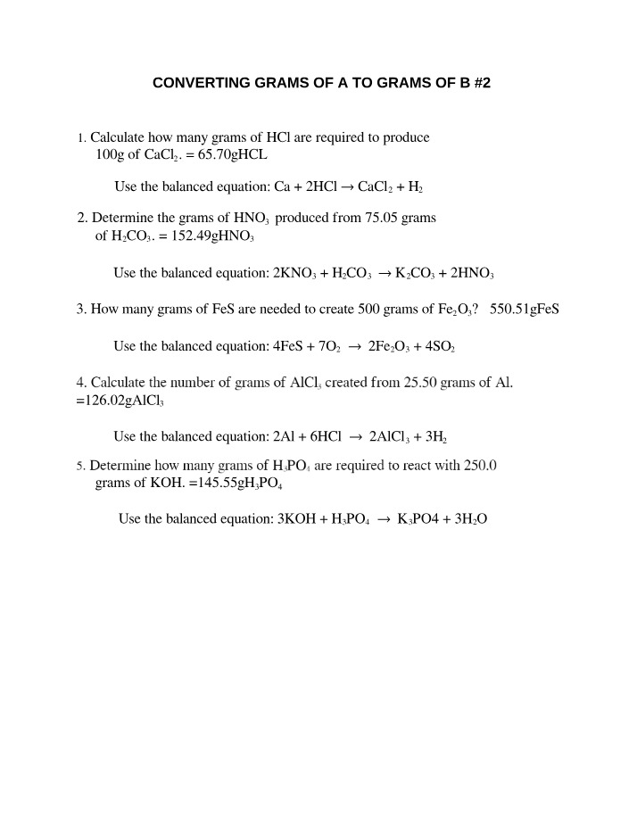 Grams Conversion - HCl, HNO3, FeS, AlCl3, and H3PO4