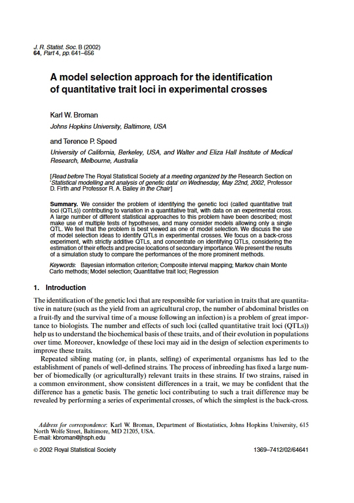 Quantitative Trait Loci ID via Model Selection