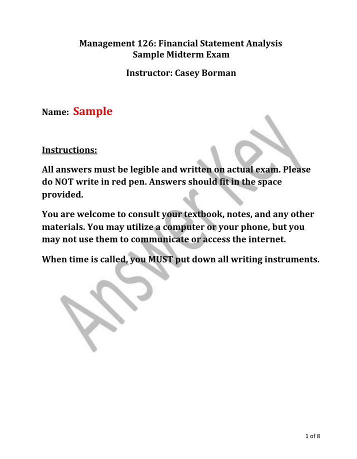 Financial Statement Analysis Midterm Exam Sample - Management 126