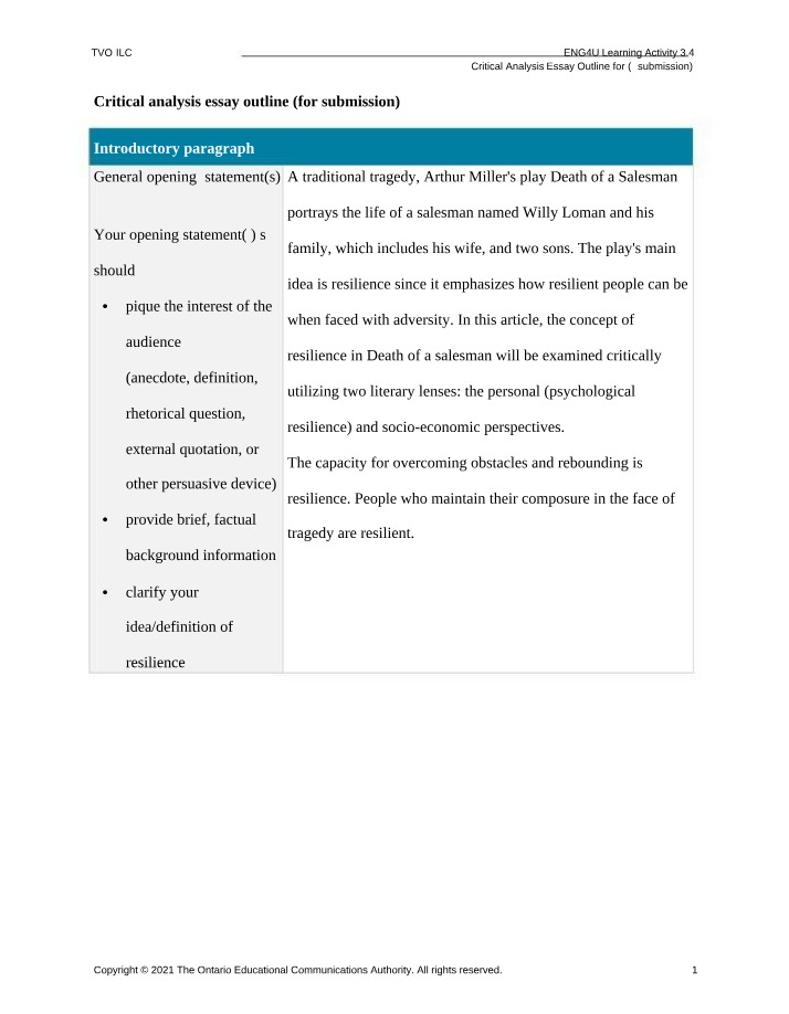 Death of a Salesman - Critical Analysis Essay Outline