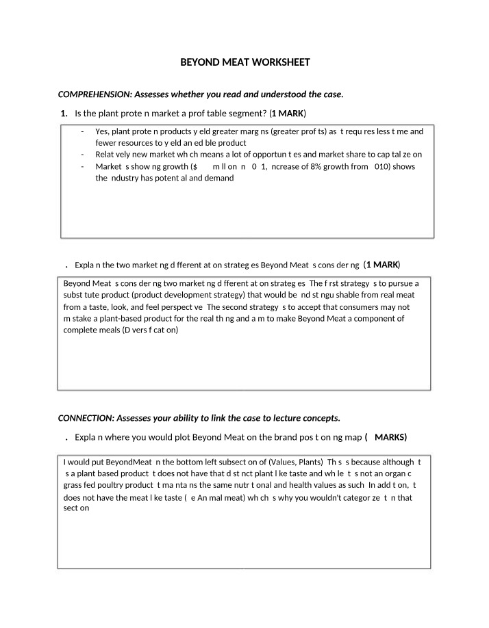 Worksheet for Beyond Meat