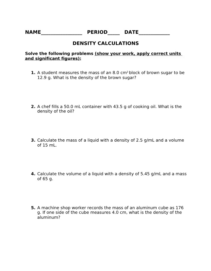 Worksheet for Density Calculations