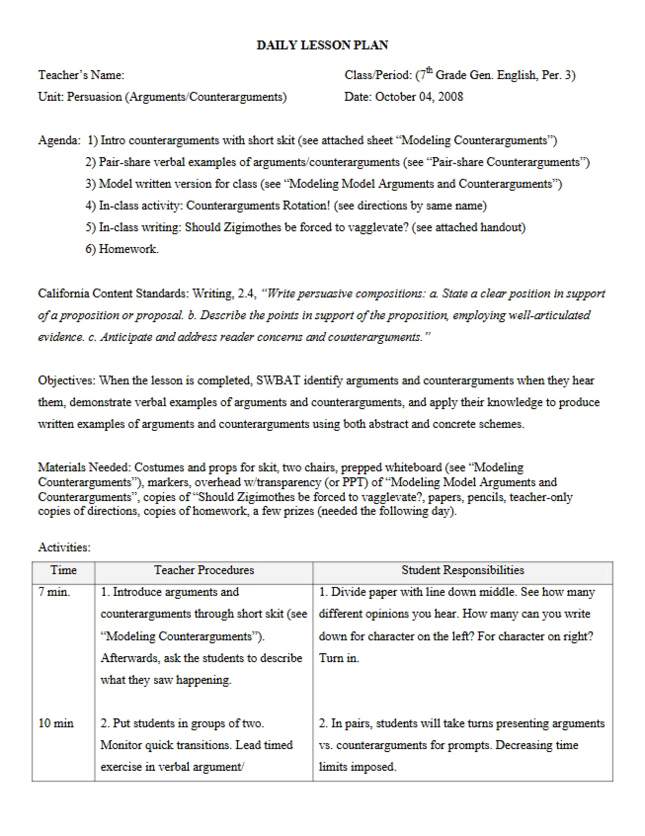 Fifth Writing Lesson Plan