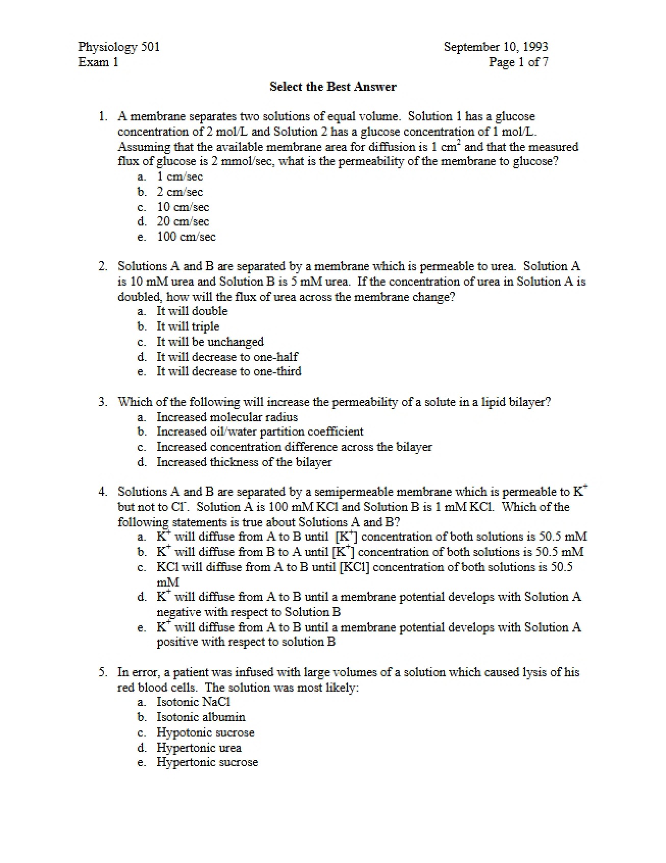 First Exam for Physiology (1993)