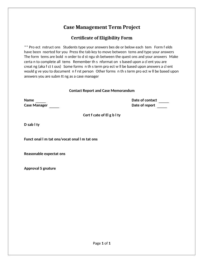 Certificate of Eligibility Form - Case Management Term Project