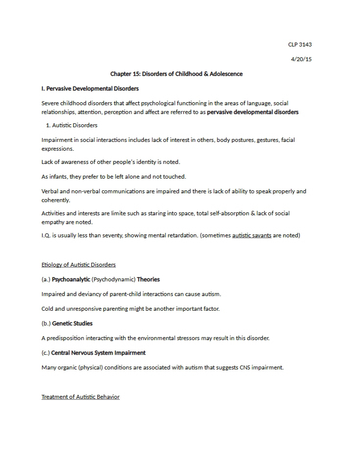 Disorders of Childhood and Adolescence (Ch 15)