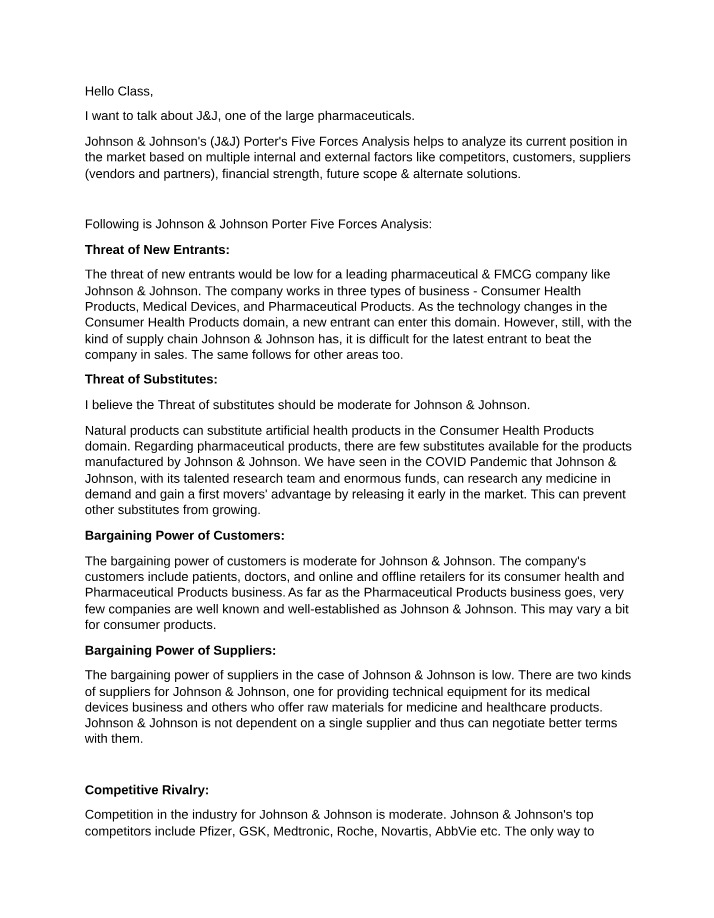 Porter Five Forces Analysis - Johnson & Johnson's Market Position