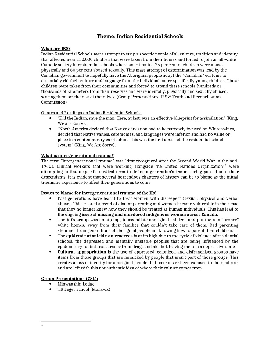 Causes and Impacts of Indian Residential Schools